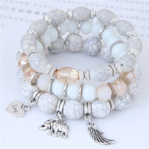 Heart Wing and Elephant Pendants Triple Layers Women Fashion Beads Bracelet - White