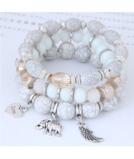 Heart Wing and Elephant Pendants Triple Layers Women Fashion Beads Bracelet - White