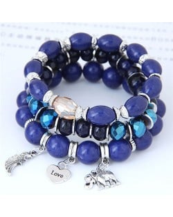 Heart Wing and Elephant Pendants Triple Layers Women Fashion Beads Bracelet - Blue