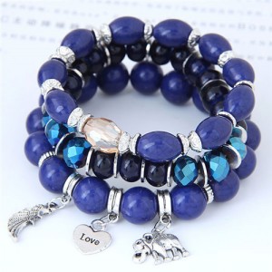 Heart Wing and Elephant Pendants Triple Layers Women Fashion Beads Bracelet - Blue