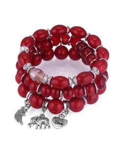 Heart Wing and Elephant Pendants Triple Layers Women Fashion Beads Bracelet - Red