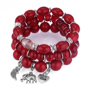 Heart Wing and Elephant Pendants Triple Layers Women Fashion Beads Bracelet - Red