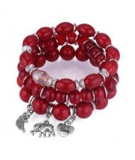 Heart Wing and Elephant Pendants Triple Layers Women Fashion Beads Bracelet - Red