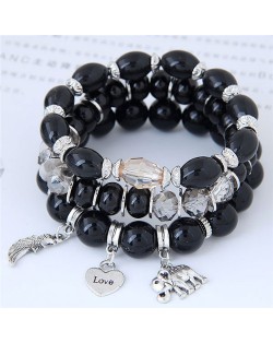 Heart Wing and Elephant Pendants Triple Layers Women Fashion Beads Bracelet - Black