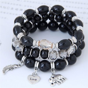 Heart Wing and Elephant Pendants Triple Layers Women Fashion Beads Bracelet - Black