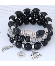 Heart Wing and Elephant Pendants Triple Layers Women Fashion Beads Bracelet - Black