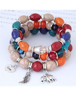 Heart Wing and Elephant Pendants Triple Layers Women Fashion Beads Bracelet - Multicolor