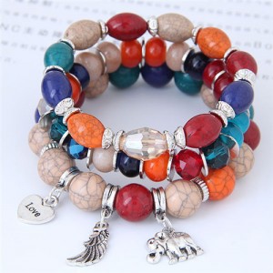 Heart Wing and Elephant Pendants Triple Layers Women Fashion Beads Bracelet - Multicolor
