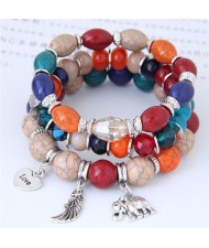 Heart Wing and Elephant Pendants Triple Layers Women Fashion Beads Bracelet - Multicolor