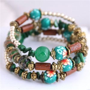Royal Fashion Assorted Beads Combo Triple Layers Women Bracelet - Green