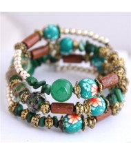 Royal Fashion Assorted Beads Combo Triple Layers Women Bracelet - Green