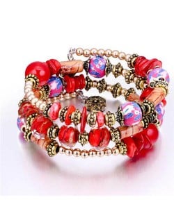 Royal Fashion Assorted Beads Combo Triple Layers Women Bracelet - Red