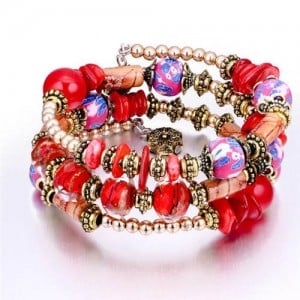 Royal Fashion Assorted Beads Combo Triple Layers Women Bracelet - Red