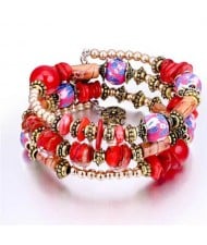 Royal Fashion Assorted Beads Combo Triple Layers Women Bracelet - Red