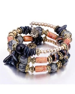 Royal Fashion Assorted Beads Combo Triple Layers Women Bracelet - Black