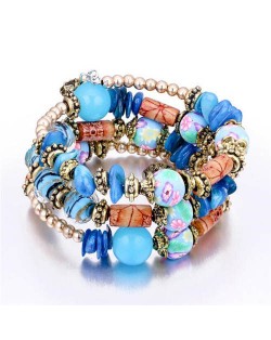 Royal Fashion Assorted Beads Combo Triple Layers Women Bracelet - Blue