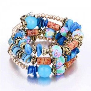 Royal Fashion Assorted Beads Combo Triple Layers Women Bracelet - Blue