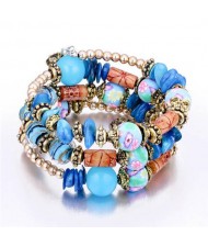 Royal Fashion Assorted Beads Combo Triple Layers Women Bracelet - Blue