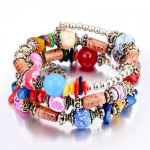 Royal Fashion Assorted Beads Combo Triple Layers Women Bracelet - Multicolor