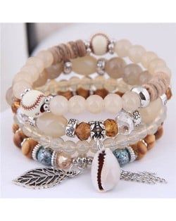 Seashell and Leaf Pendants Multi-layer Beads High Fashion Women Bracelet - Khaki