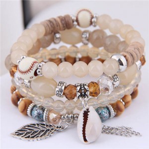 Seashell and Leaf Pendants Multi-layer Beads High Fashion Women Bracelet - Khaki