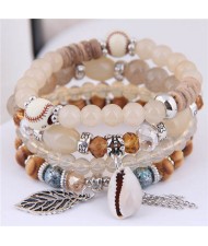 Seashell and Leaf Pendants Multi-layer Beads High Fashion Women Bracelet - Khaki