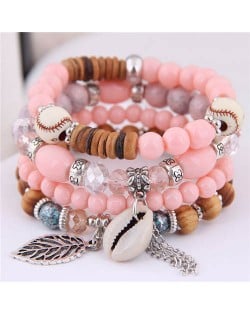 Seashell and Leaf Pendants Multi-layer Beads High Fashion Women Bracelet - Orange