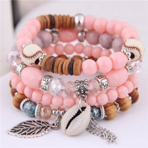 Seashell and Leaf Pendants Multi-layer Beads High Fashion Women Bracelet - Orange