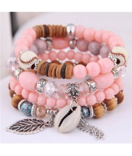 Seashell and Leaf Pendants Multi-layer Beads High Fashion Women Bracelet - Orange