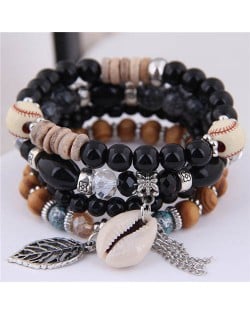 Seashell and Leaf Pendants Multi-layer Beads High Fashion Women Bracelet - Black