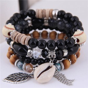 Seashell and Leaf Pendants Multi-layer Beads High Fashion Women Bracelet - Black