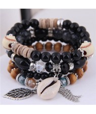 Seashell and Leaf Pendants Multi-layer Beads High Fashion Women Bracelet - Black