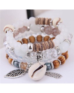 Seashell and Leaf Pendants Multi-layer Beads High Fashion Women Bracelet - White