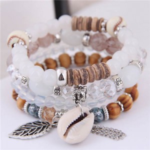 Seashell and Leaf Pendants Multi-layer Beads High Fashion Women Bracelet - White
