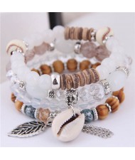 Seashell and Leaf Pendants Multi-layer Beads High Fashion Women Bracelet - White