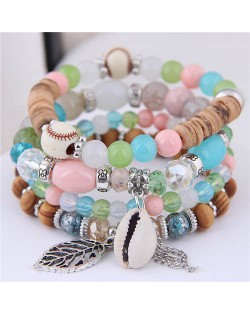 Seashell and Leaf Pendants Multi-layer Beads High Fashion Women Bracelet - Multicolor