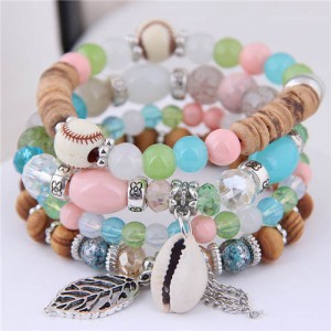 Seashell and Leaf Pendants Multi-layer Beads High Fashion Women Bracelet - Multicolor