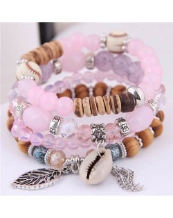 Seashell and Leaf Pendants Multi-layer Beads High Fashion Women Bracelet - Pink