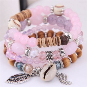 Seashell and Leaf Pendants Multi-layer Beads High Fashion Women Bracelet - Pink