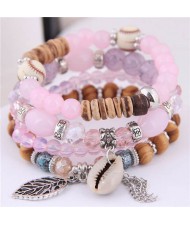 Seashell and Leaf Pendants Multi-layer Beads High Fashion Women Bracelet - Pink