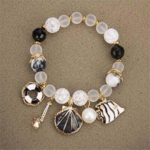 Tropical Fish Seashell and Life Buoy Pendants Beads Fashion Women Bracelet - Black