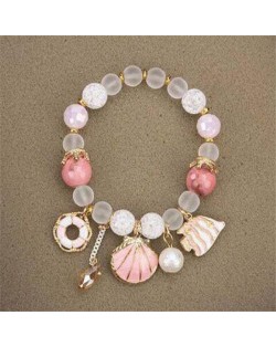 Tropical Fish Seashell and Life Buoy Pendants Beads Fashion Women Bracelet - Pink