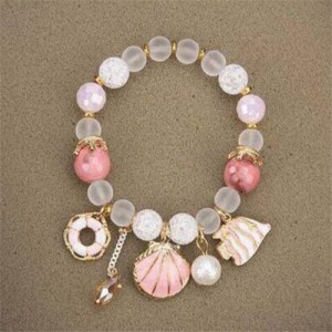 Tropical Fish Seashell and Life Buoy Pendants Beads Fashion Women Bracelet - Pink