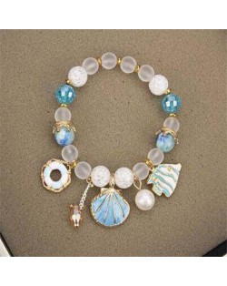 Tropical Fish Seashell and Life Buoy Pendants Beads Fashion Women Bracelet - Blue