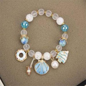 Tropical Fish Seashell and Life Buoy Pendants Beads Fashion Women Bracelet - Blue