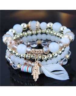 Magic Hand and Feather Decorated Multi-layer Beads Fashion Bracelet - White