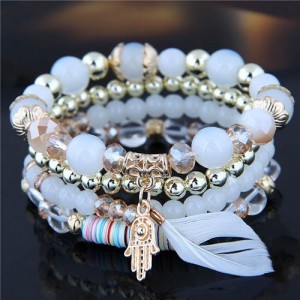 Magic Hand and Feather Decorated Multi-layer Beads Fashion Bracelet - White