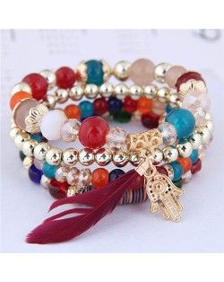 Magic Hand and Feather Decorated Multi-layer Beads Fashion Bracelet - Multicolor