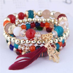 Magic Hand and Feather Decorated Multi-layer Beads Fashion Bracelet - Multicolor
