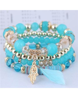 Magic Hand and Feather Decorated Multi-layer Beads Fashion Bracelet - Blue